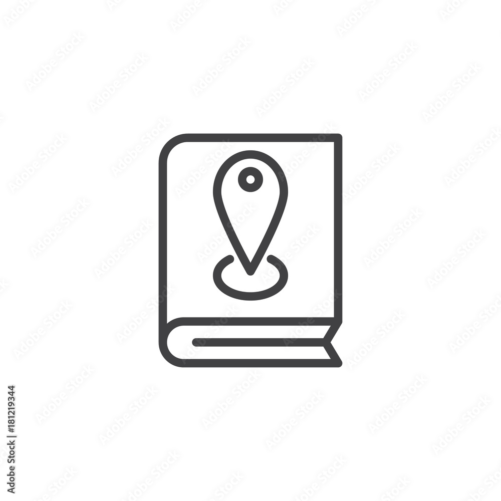 Book with pin location line icon, outline vector sign, linear style pictogram isolated on white. Pin book symbol, logo illustration. Editable stroke Book with pin location line icon, outline vector sign, linear style pictogram isolated on white. Pin book symbol, logo illustration. Editable stroke