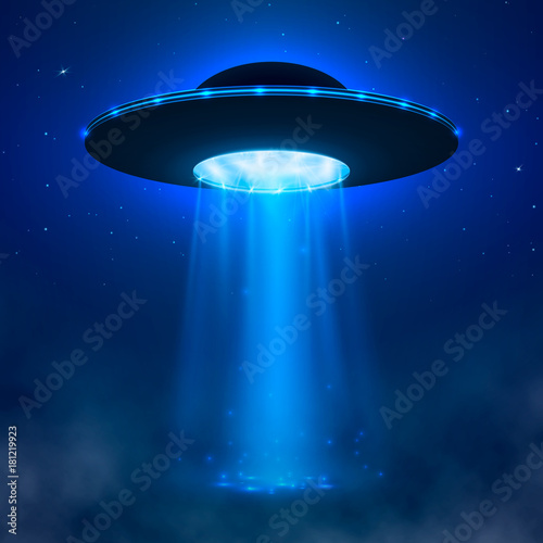 UFO. Alien spacecraft with light beam and fog. UFO Vector Illustration