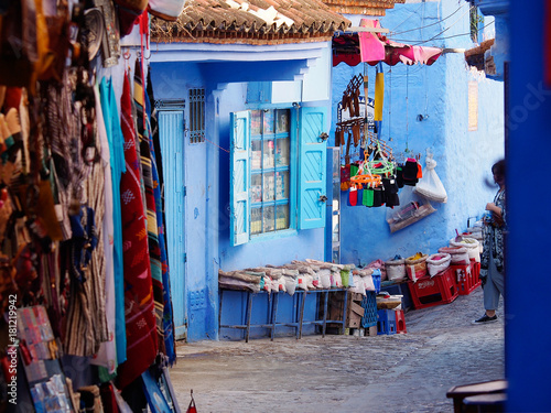 The gorgeous blue alleyways and blue-washed building with the souvenirs in Chefchaouen, Morocco  © Natalia Schuchardt