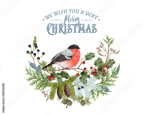 Leinwand Poster Bullfinch Christmas composition