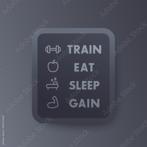 Train, eat, sleep, vector gym poster with fitness icons