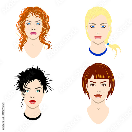 Vector set of women heads with different types of haircut and colors of eyes for avatars and icons
