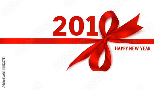 Happy New Year 2018 template design. Vector background with red bow and ribbon. Winter holiday decoration isolated on white