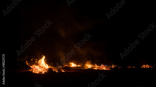 Wildfire burning on grass and wood at night. dangerous place on fire.