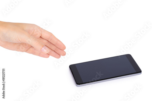 smart phone with blank screen in hand isolated on white background, big mobile, black cellphone, 5.5 inch communicator