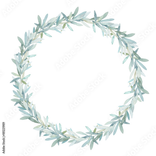 Watercolor leaves wreath. Hand drawn isolated border