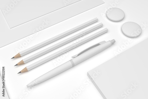 Blank 3D illustration mockup focus on pens and pencil.