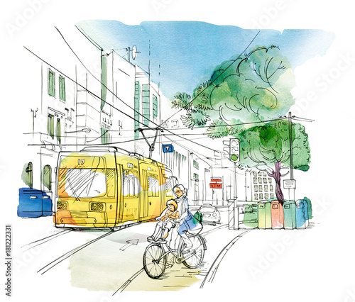 Sketch of an urban landscape with a Woman with a child on a bicycle, a yellow trolley bus, a car, a traffic light and tanks for separate collection of garbage.