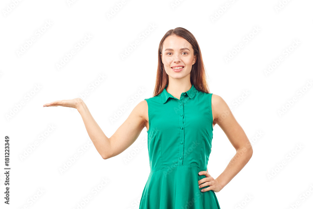 Portrait of emotional young woman in emerald green dress on white background Portrait of emotional young woman in emerald green dress on white background
