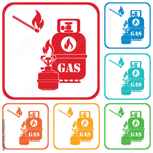 Camping stove with gas bottle icon vector