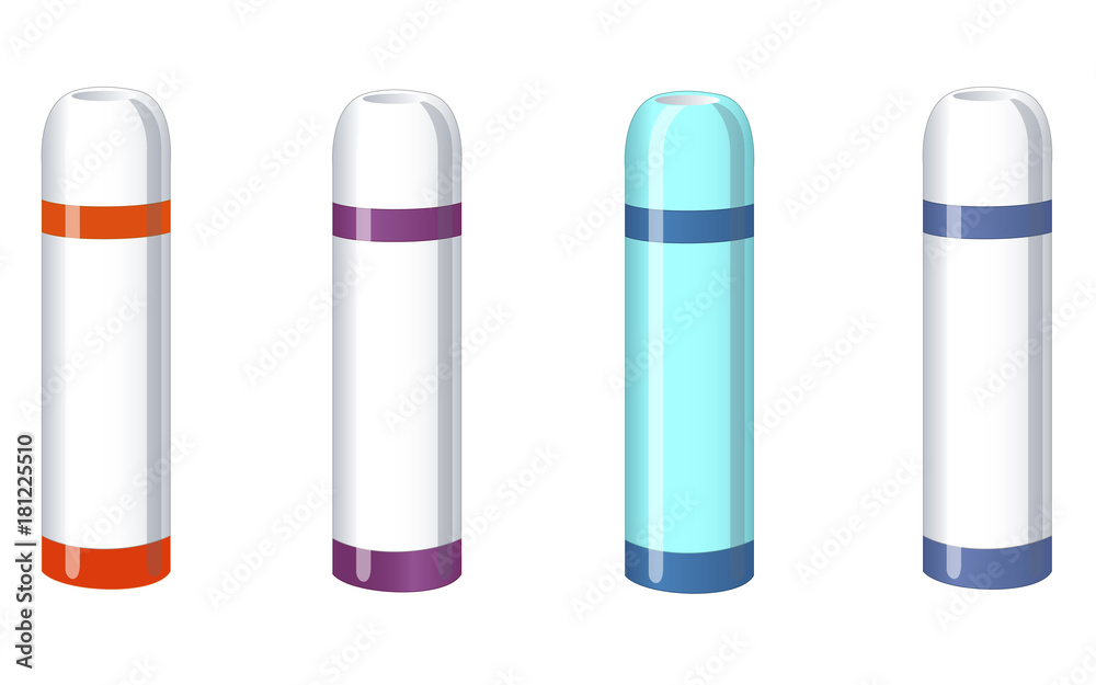 Mock up of thermos bottle. Thermoses of different colors for hot coffee, tea and water. Isolated vector illustration on white background. Mock up of thermos bottle. Thermoses of different colors for hot coffee, tea and water. Isolated vector illustration on white background.