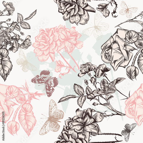 Beautiful wallpaper pattern with engraved roses and butterflies