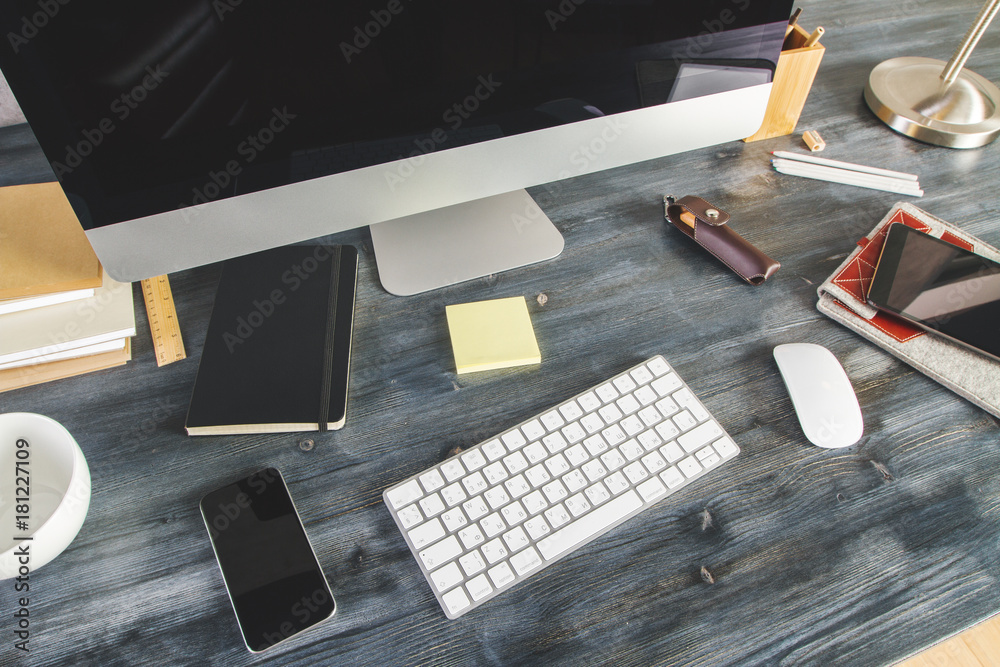 Wooden desktop with devices and supplies top Wooden desktop with devices and supplies top