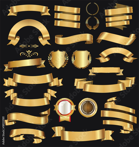 Retro golden ribbons and labels vector collection 