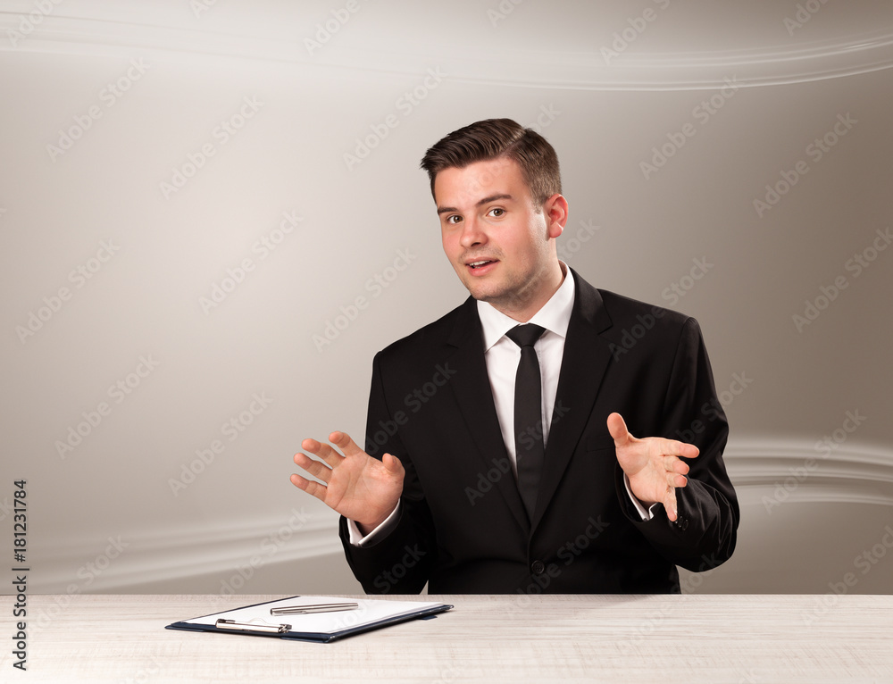 Televison host in live show with blank background Televison host in live show with blank background