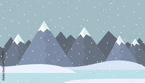 Flat design illustration of a winter mountain landscape with frozen lake and snow