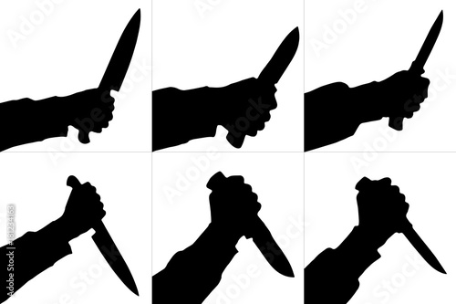 Silhouettes of killing knife in hand, isolated. Vector set.