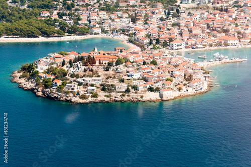 Aerial view of Primosten, popular Croatian summer destination.