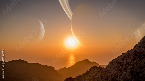 Fototapeta Naklejka Na Ścianę i Meble -  alien planet landscape, exoplanet seascape with mountains and moons