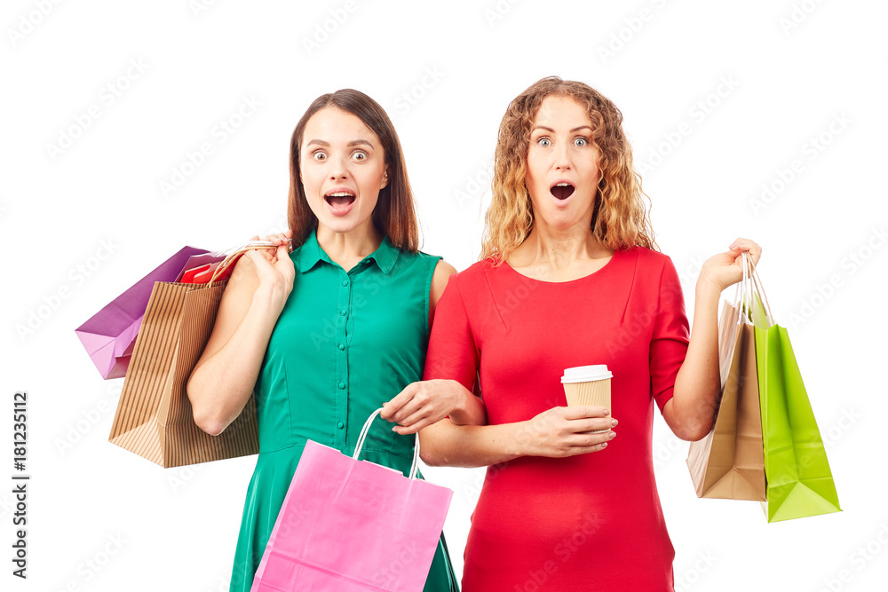 Portrait of two female friends holding multi-colored shopping bags