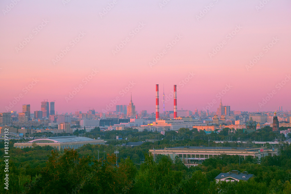 Urban landscape - view of Moscow with a beautiful sunset