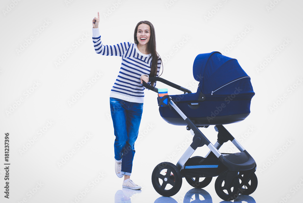 Full length portrait of a mother with a stroller, isolated on white background. Young mom Full length portrait of a mother with a stroller, isolated on white background. Young mom