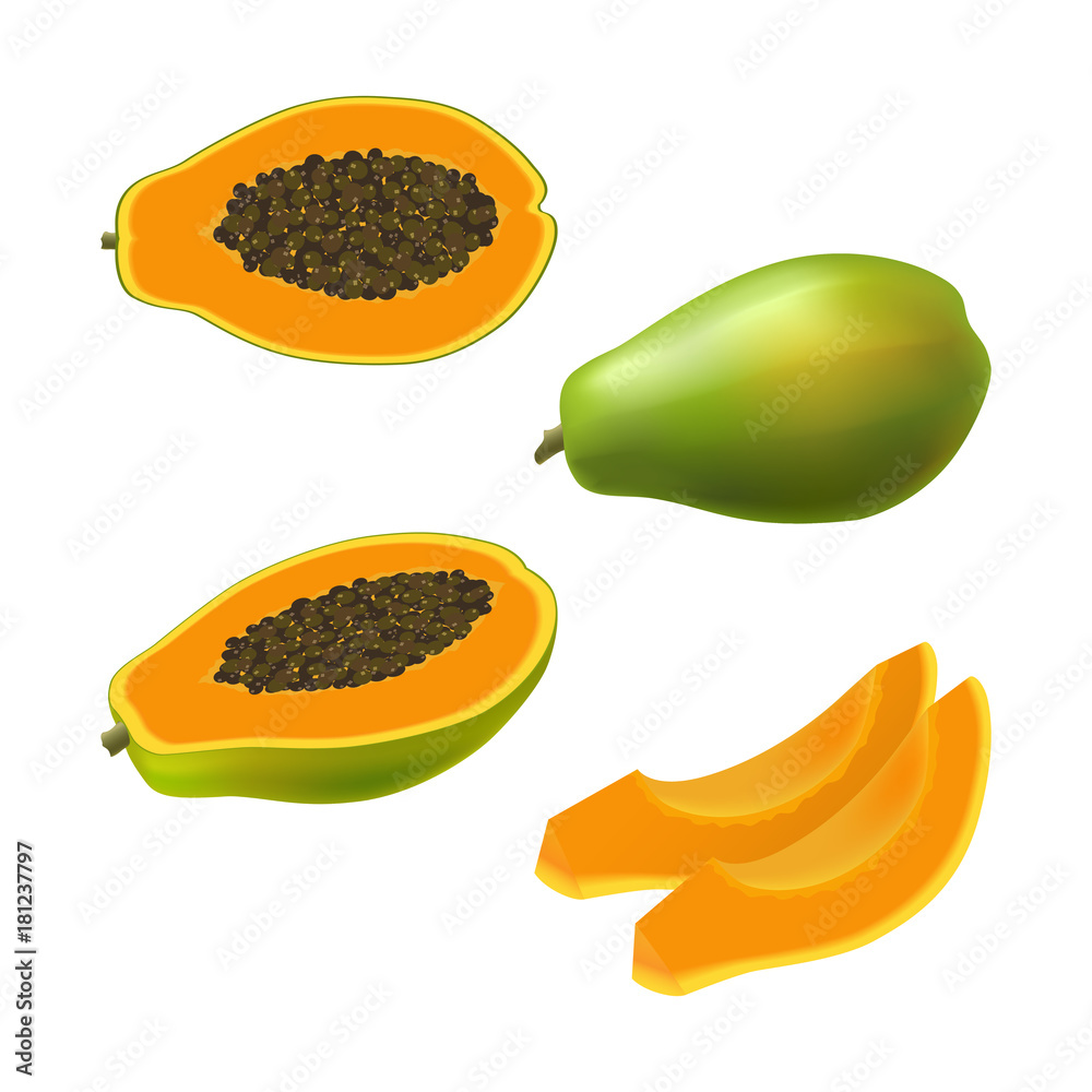 Set of isolated colored papaya, pawpaw, paw paw half with seeds, slice and whole juicy fruit on