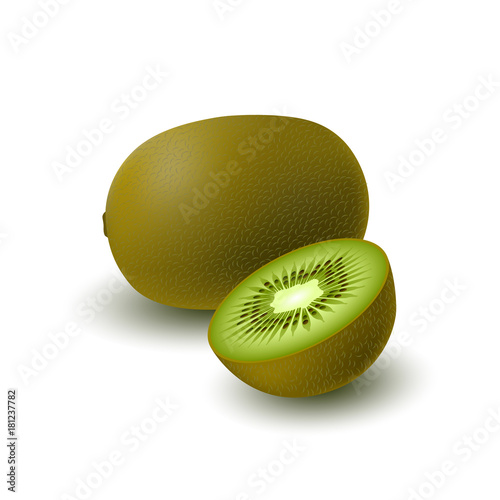 Isolated realistic colored whole juicy kiwi and half green kiwi with shadow on white background. Side view.