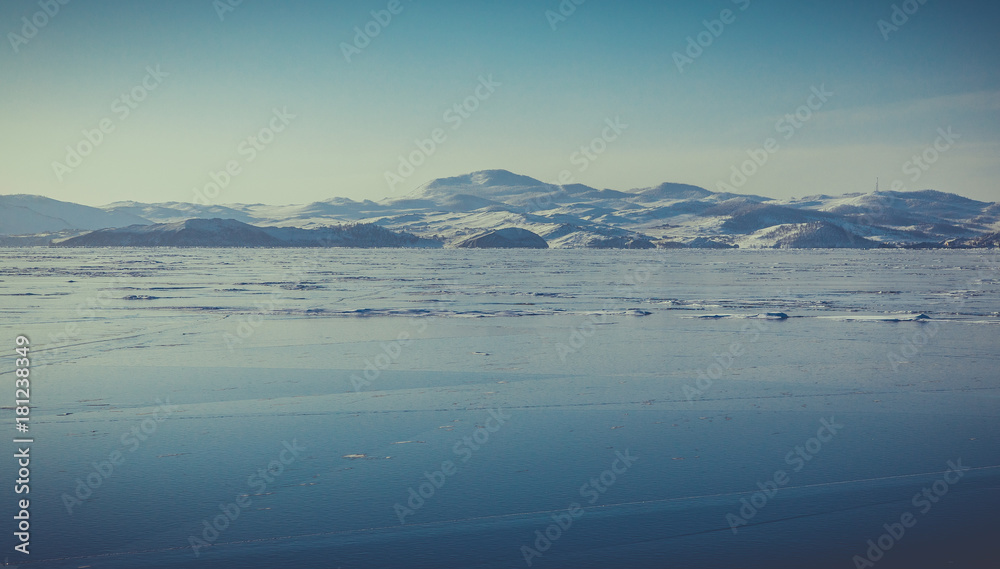Baikal Lake. Ice, rocks, winter Landscape in Siberia