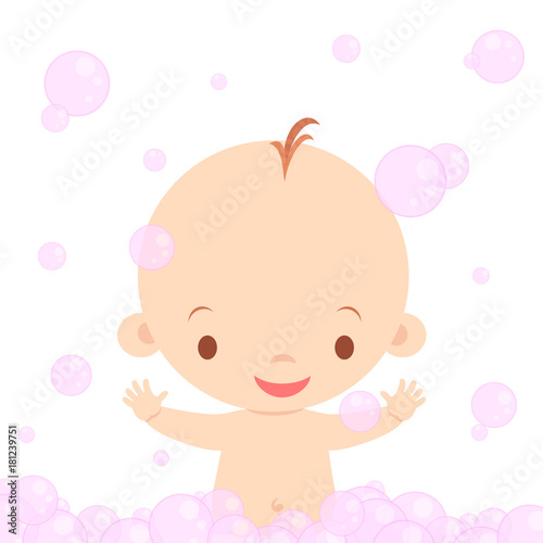 Cute Baby Taking a Bath is Soap Foam Vector Illustration