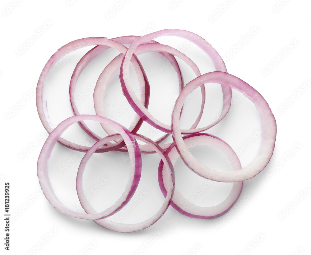 Sliced red onion on white background