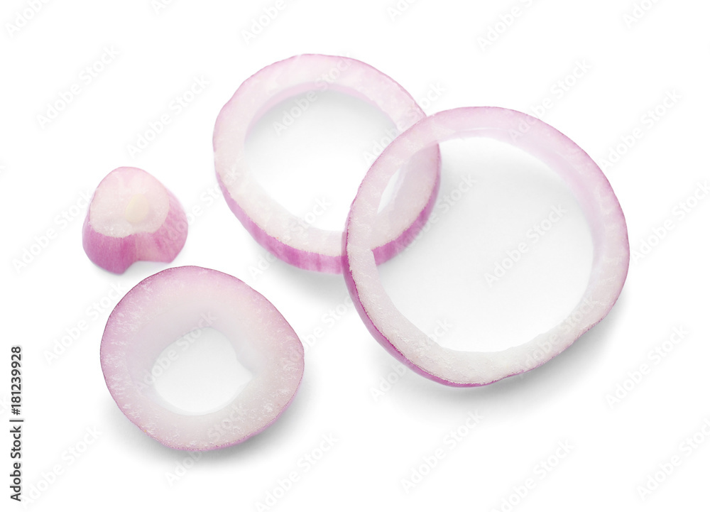 Sliced red onion on white background