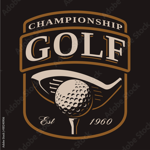 Emblem with golf club and ball on dark background