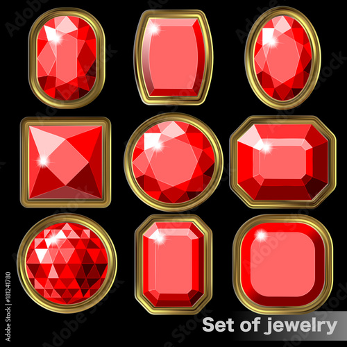 Set of red gems ruby of various shapes.