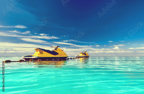 Yellow Jet ski on the sea and blue sky and small islands in background. Instagram color editing.