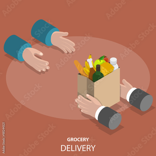 Grocery fast delivery flat isometric low poly vector concept. Hands of courier give a paper package with groceries to the customer hands.