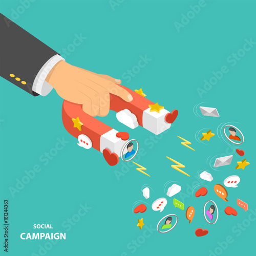 Social campaign flat isometric low poly vector concept. Hand is holding a magnet that attracting promotion symbols like hearts, likes, emails stars, text bubbles