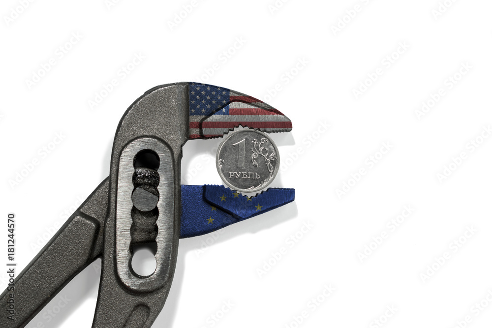 The coin in vise on the white background as a symbol of economic sanctions against of Russia