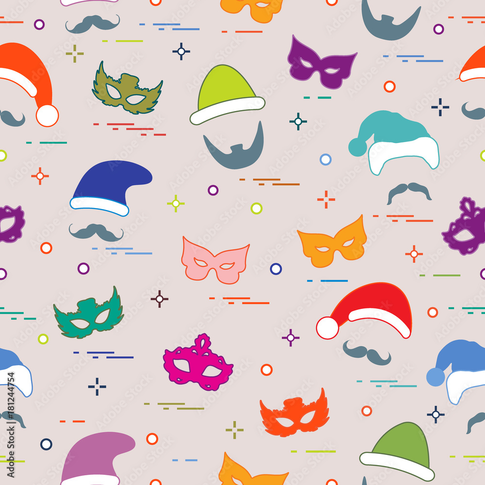 Seamless pattern of different carnival decorations: masks, christmas hats, mustache, beard. Seamless pattern of different carnival decorations: masks, christmas hats, mustache, beard.