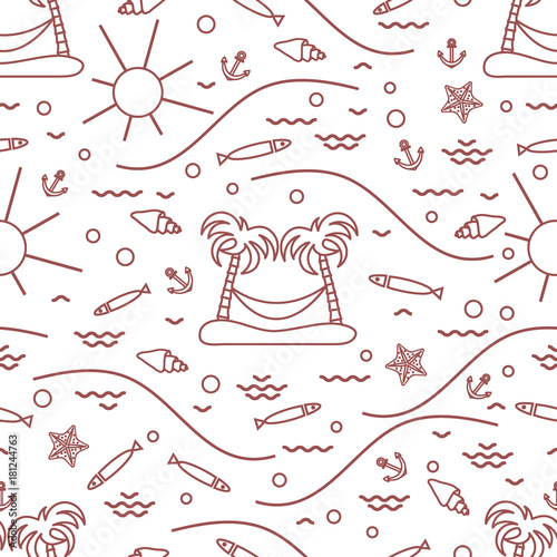Cute seamless pattern with fish, island with palm trees and a hammock, anchor, sun, waves, seashells, starfish.