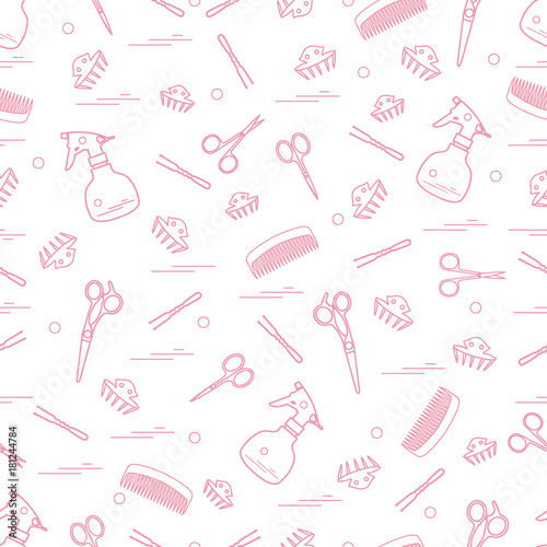 Cute pattern of scissors, combs, hairclip, hairpins and sprayer. For the provision of hairdressing services.