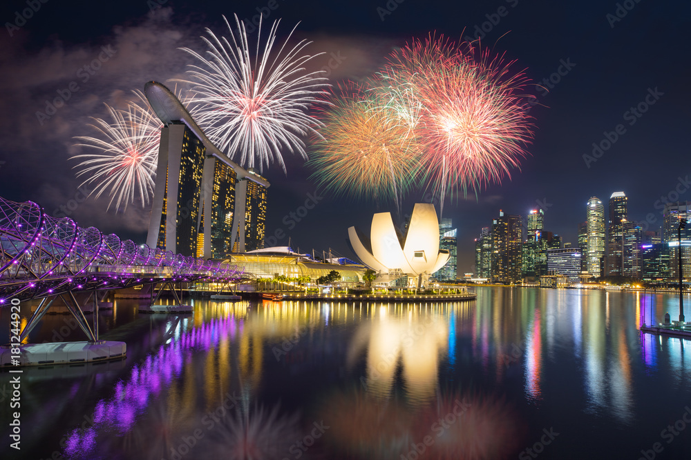 Fireworks at Marina bay Singapore, Singapore city skyline Stock Photo