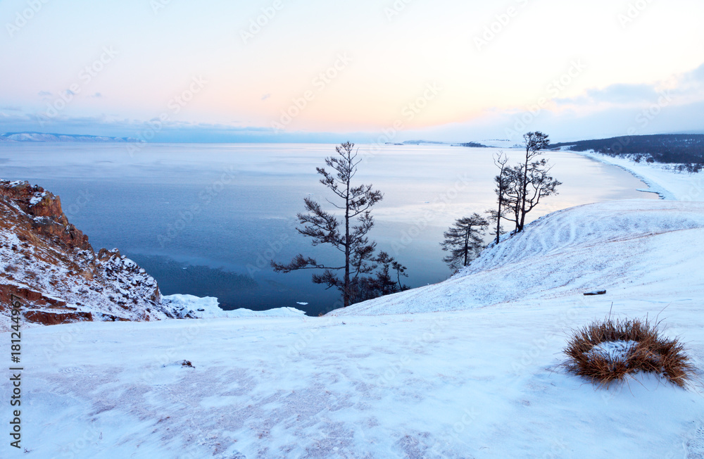 Lake Baikal in December.  Olkhon Island. View on the Sarayskiy Bay on an early cold morning