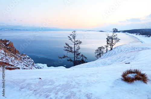 Lake Baikal in December. Olkhon Island. View on the Sarayskiy Bay on an early cold morning