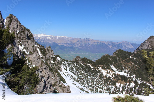 Landscape of snowy Alp mountains with forests, taken from Alpspitz peak in Gaflei village in the municipality of Triesenberg in Principality of Liechtenstein. photo