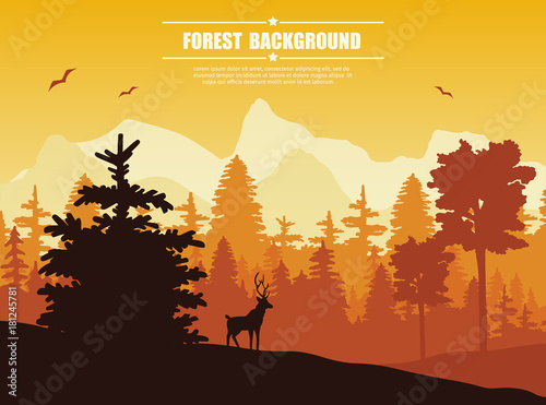 Landscape with forest and mountain, fog, trees and deer