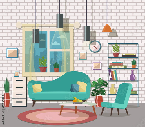 Cozy living room interior with furniture and fireplace. Flat design.