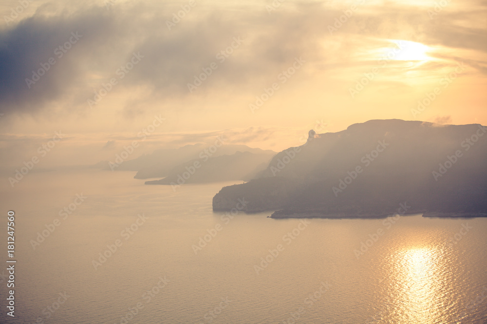 Cassis calanques from the top of the mountain at sunset