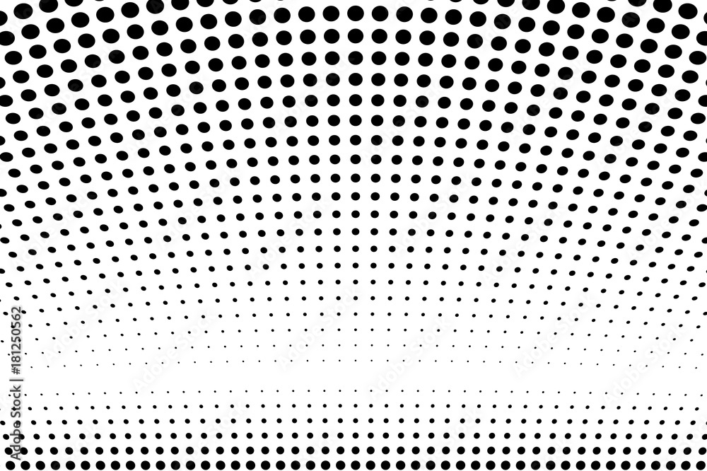 Abstract futuristic halftone pattern. Comic background. Dotted backdrop with circles, dots, point large scale. Black, white color