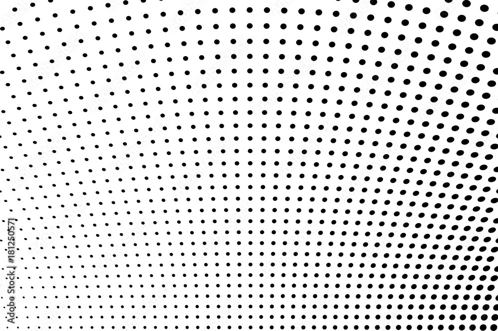 Abstract futuristic halftone pattern. Comic background. Dotted backdrop with circles, dots, point large scale. Black, white color